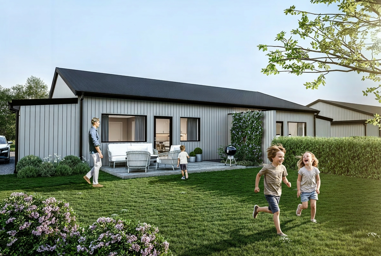 Barn som leker framför villa i Byarum